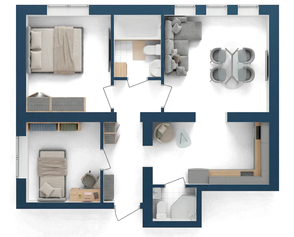 Двокімнатна з окремою кухнею, зоною відпочинку та двома спальнями