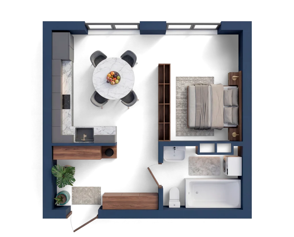 Зонована студія з можливістю відокремлення кухні від спальні